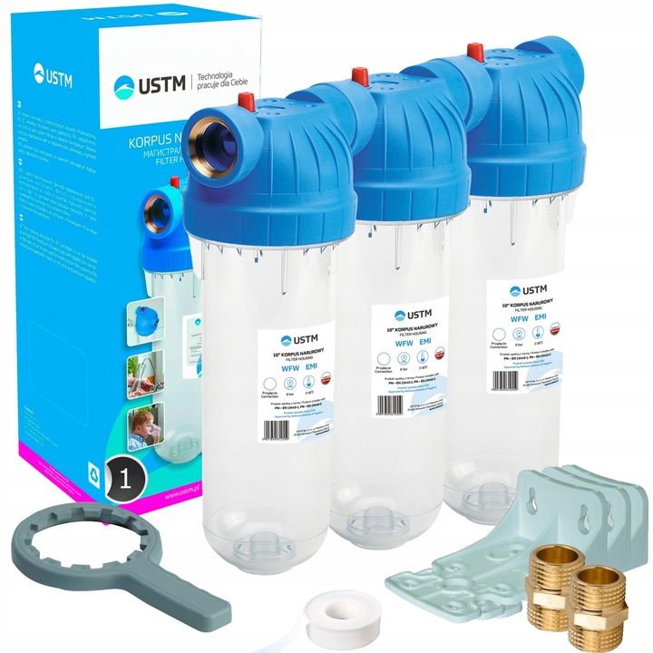 Zestaw 3x Korpus filtra EMI Komplet 10″ 1″ + taśma teflonowa+ 2x nypel mosiężny